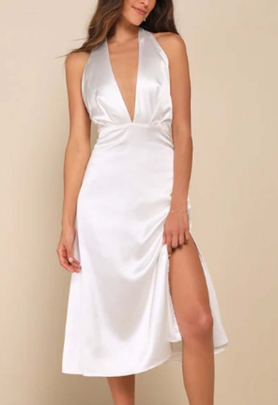 LULU'S SZ S Timeless Glam White Satin Backless Halter Midi Party Dress NEW B27